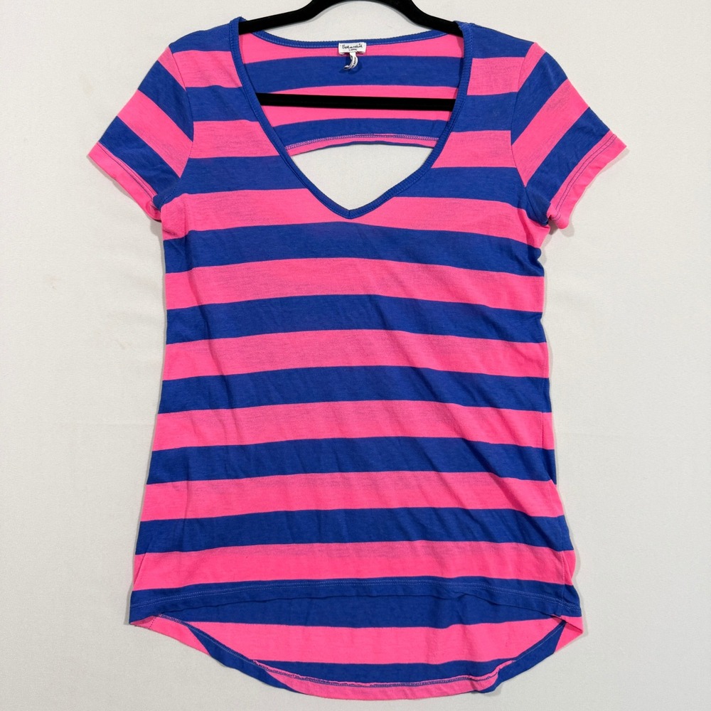 Splendid T-Shirt Women's L Pink Blue Stripe Cutout Back Y2K Indie Sleaze Top USA
